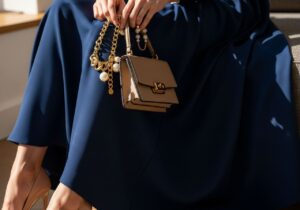 Detail tmavomodrej sukne s doplnkami ako zlatý náramok, perlové náušnice a béžová kabelka v interiéri
