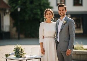 Svadobný pár pri civilnom obrade vonku, ženích v svetlom obleku, nevesta v bielych šatách so svadobnou kyticou.