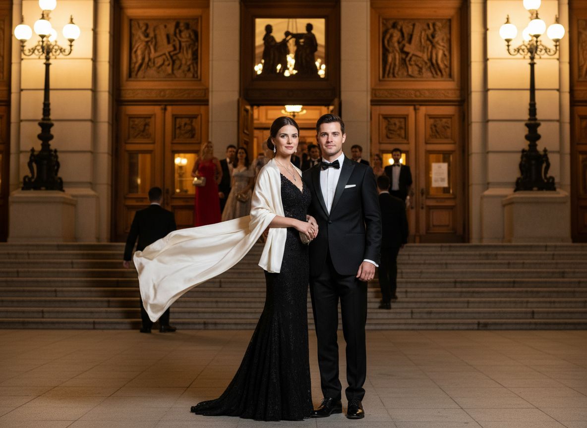 Elegantný pár pred symfonickou koncertnou halou večer v spoločenskej elegancii.