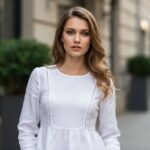 Žena v bielom blúzkovom korzete stojaca v elegantnom mestskom prostredí s rozostreným pozadím.
