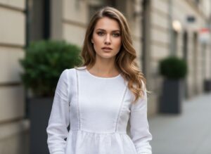 Žena v bielom blúzkovom korzete stojaca v elegantnom mestskom prostredí s rozostreným pozadím.