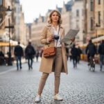 Mladá žena s fotoaparátom a mapou stojí na rušnej ulici európskeho mesta počas slnečného dňa