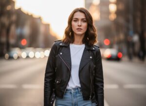 Mladá žena v čiernej koženej bunde stojí na ulici, svetlo zvýrazňuje textúru bundy, rozmazané mesto v pozadí