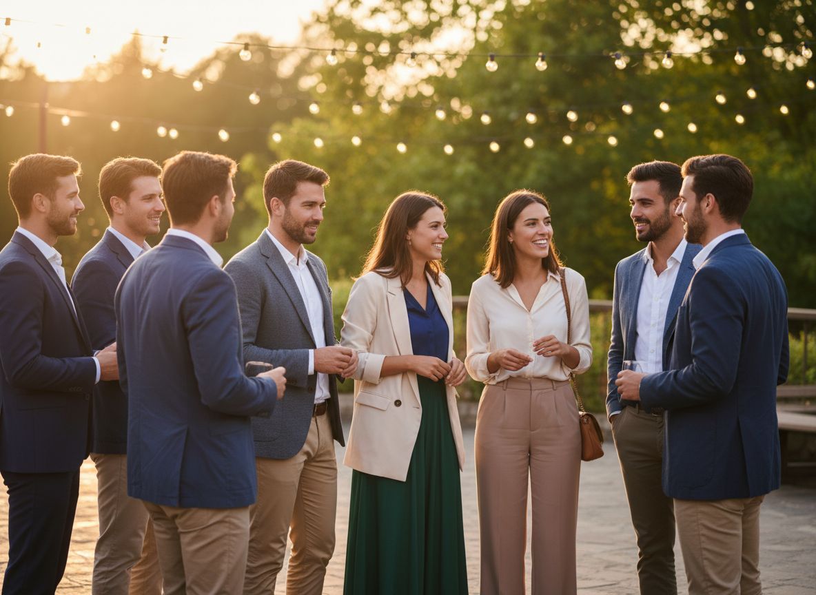 Mladí profesionáli v smart casual oblečení diskutujú vonku počas integrácie za zlatú hodinu.