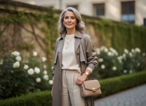 Štýlová 50-ročná žena v prírodnom svetle s jemným úsmevom na rozmazanom mestskom pozadí
