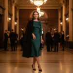 Žena v smaragdových šatách a čiernom kabáte vo foyer historického divadla