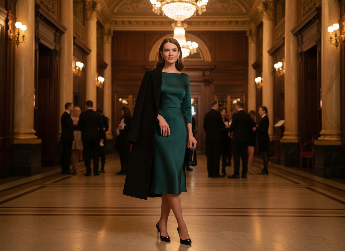 Žena v smaragdových šatách a čiernom kabáte vo foyer historického divadla