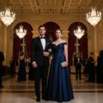 Elegantný pár v lobby filharmónie pred koncertom, formálne oblečení, s hosťami a lustrami v pozadí