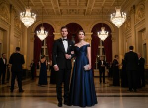 Elegantný pár v lobby filharmónie pred koncertom, formálne oblečení, s hosťami a lustrami v pozadí
