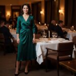 Elegantná žena v smaragdových šatách stojí pri prestretom stole v hotelovej reštaurácii.