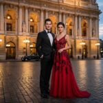 Elegantný pár pred operou pri západe slnka, muž v smokingu, žena v červenom večernom šate.