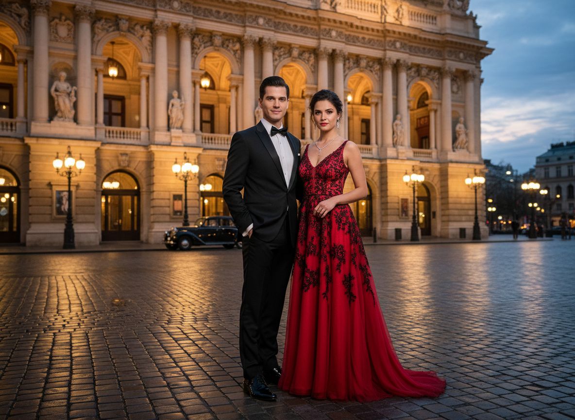 Elegantný pár pred operou pri západe slnka, muž v smokingu, žena v červenom večernom šate.