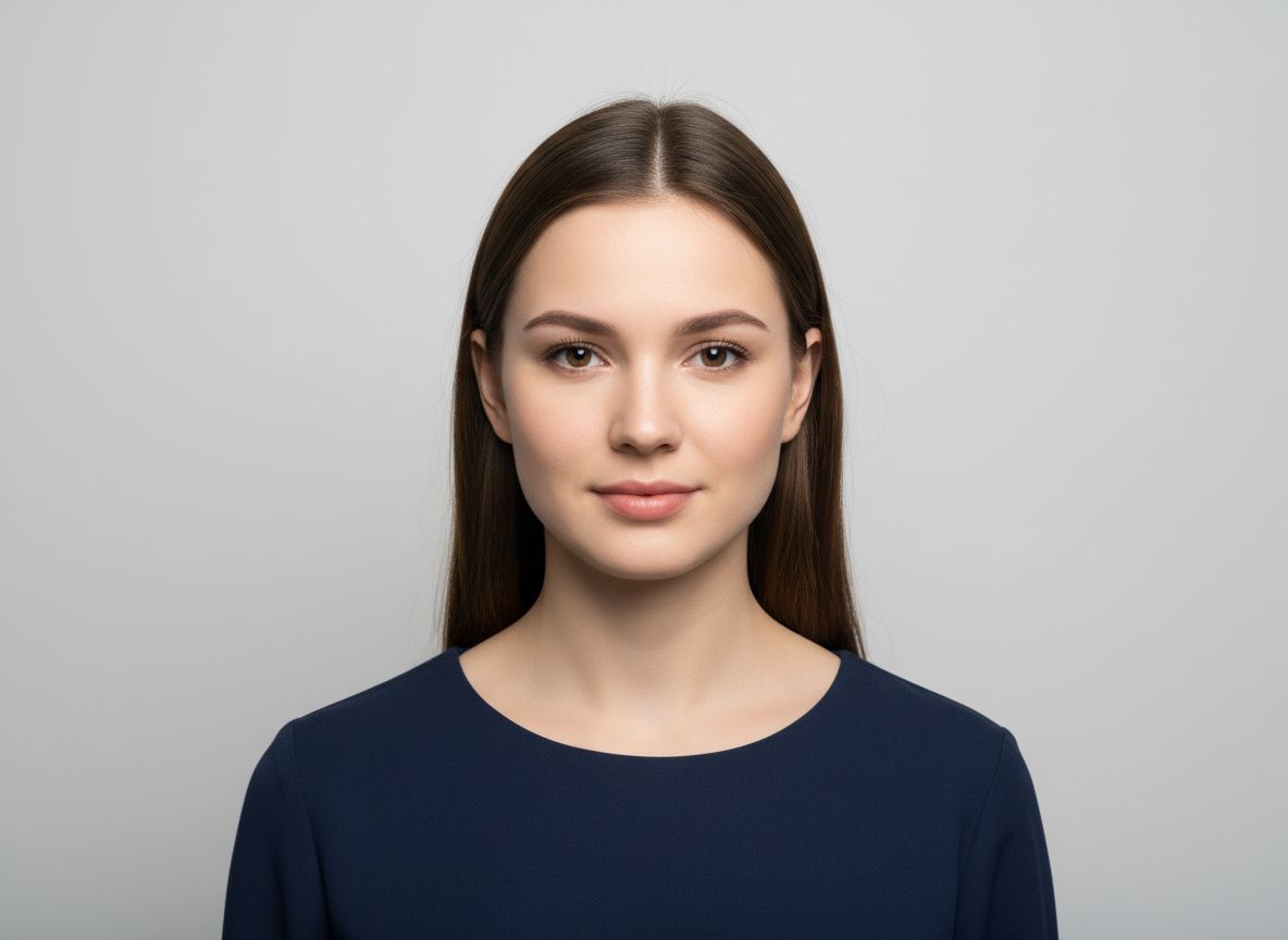 Mladá žena v tmavomodrej blúzke na fotografii na doklady
