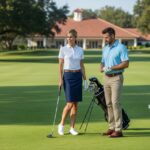 Golfistka a golfista v tradičnom golfovom oblečení sa pripravujú na hru na prvom odpalisku.