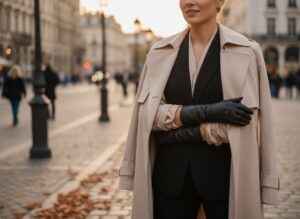 Žena v béžovom trenčkot s čiernymi koženými rukavicami pózuje na mestskej ulici počas zlatého svetla