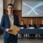 Absolventka v tmavomodrom kostýme počas obhajoby diplomovej práce