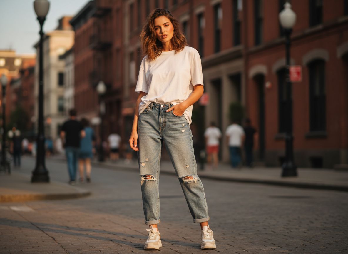 Mladá žena v roztrhaných boyfriend džínsoch a bielom tričku stojí na mestskom námestí za zlatou hodinu.